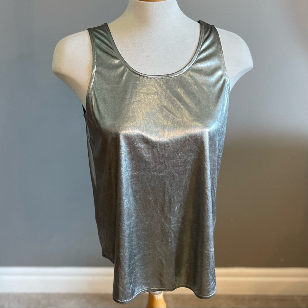 Vintage Emblem Liquid Metallic Silver Shiny Sleeveless Tank Cami Top Disco/80’s